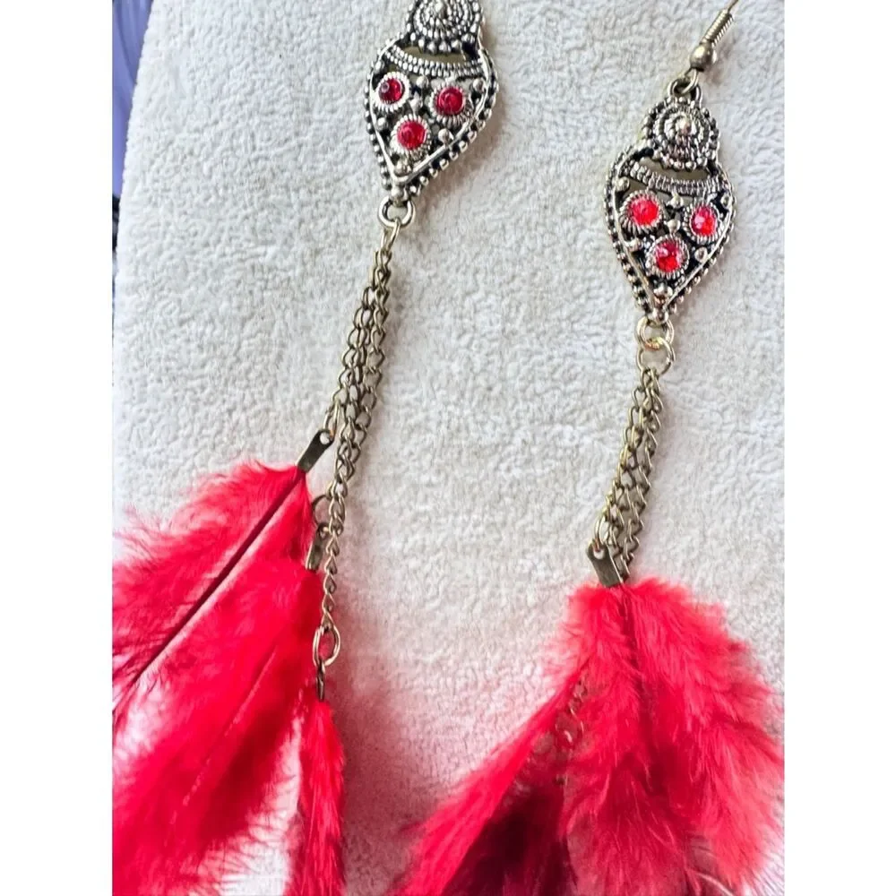 Red Feather Drop Earrings - Statement Feather Jewelry